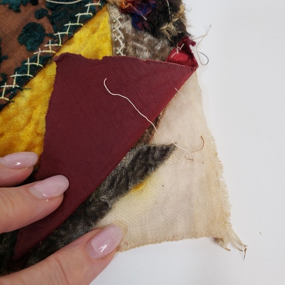 Antique Crazy Quilt 11" Square Block Flannel Backing Velvet Satin Embroidery - Picture 8 of 13